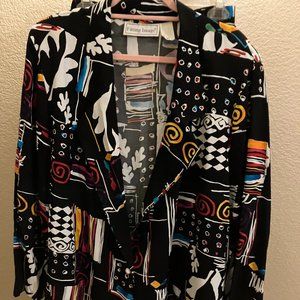 424 Fitting Image two piece skirt suit black with multi-color designs